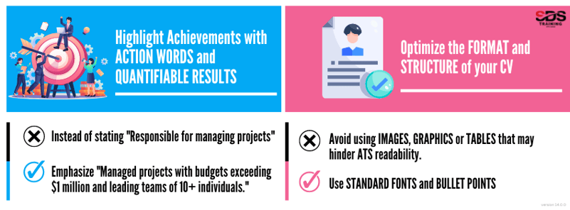 Highlight Achievements with  ACTION WORDS and QUANTIFIABLE RESULTS Optimize the FORMAT and STRUCTURE of your CV 14.0.0v14.0.0 (3)