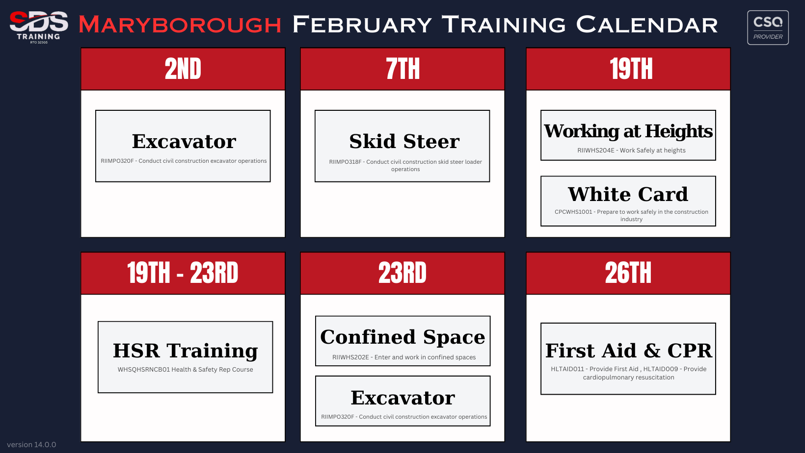 Maryborough February Training Calendar