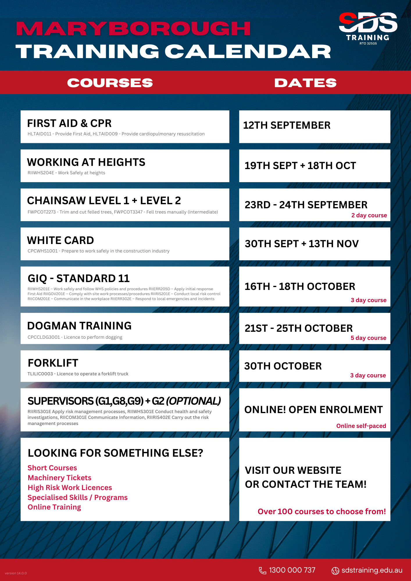 Maryborough Training Calendar -27824 September, October, November   2024 sdstraining.edu.au v14.0.0