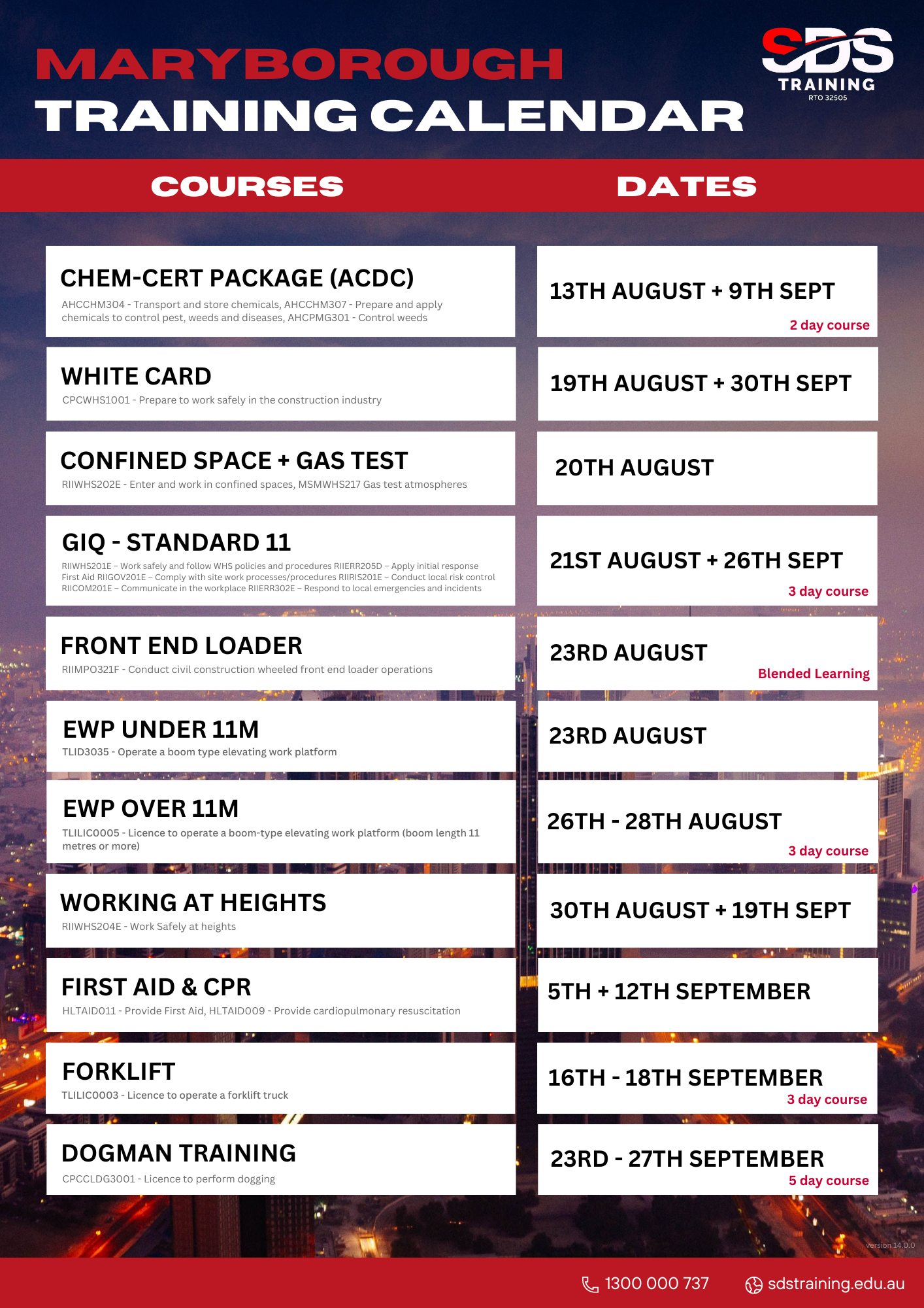 Maryborough Training Calendar -2824 August & September 2024 sdstraining.edu.au v14.0.0
