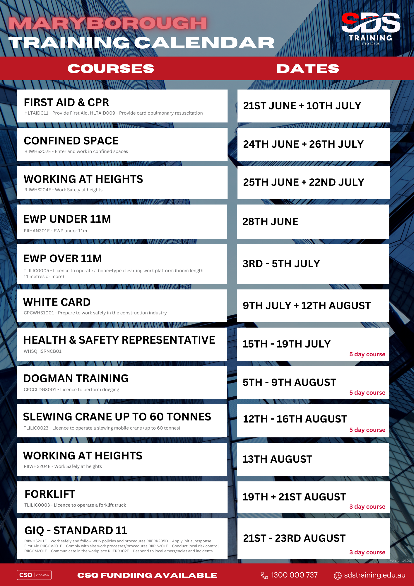 Maryborough Training Calendar -June & July & August 2024 sdstraining.edu.au v14.0.0