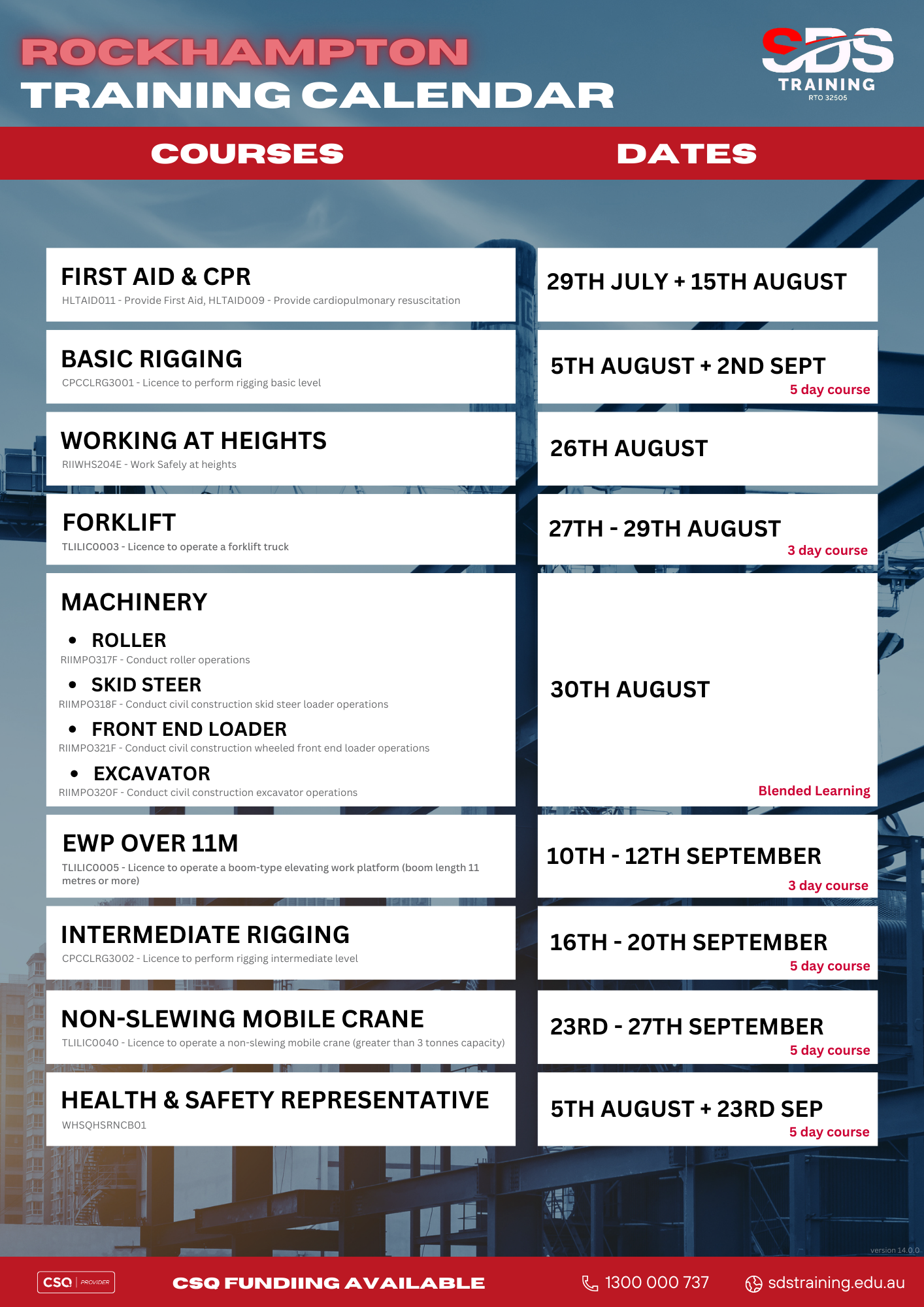 Rockhampton Training Calendar -August & September 2024 sdstraining.edu.au v14.0.0 (1)